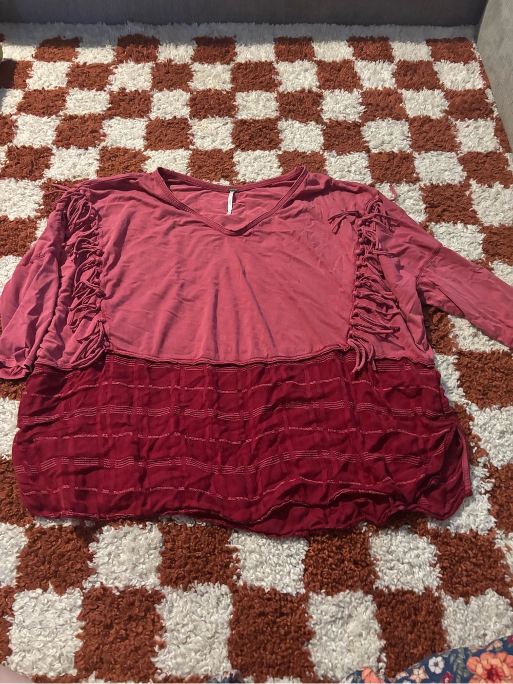 Free People Two-Tone Ruffle V-Neck Tunic - Rose & Burgundy